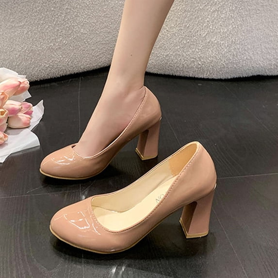 Hinvhai Womens High Chunky Block Heel Round Toe Pumps Slip-on Prom Dress Patent Leather Heels Beige 9.5(43)