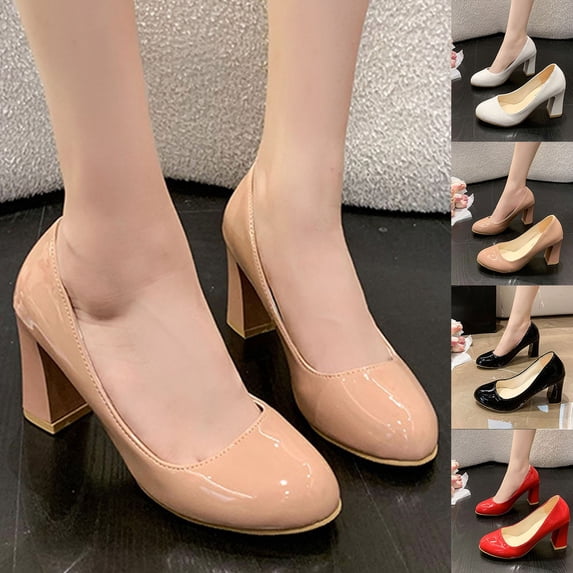 Hinvhai Womens High Chunky Block Heel Round Toe Pumps Slip-on Prom Dress Patent Leather Heels White 9.5(43)