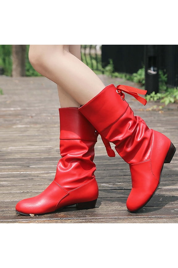 Womens Lace Tie Boots Bow Pleated Thick Warm Mid Calf Boots Winter Soft Leather Flat Low Heels Fashion Combat Booties Red 5.5(36)