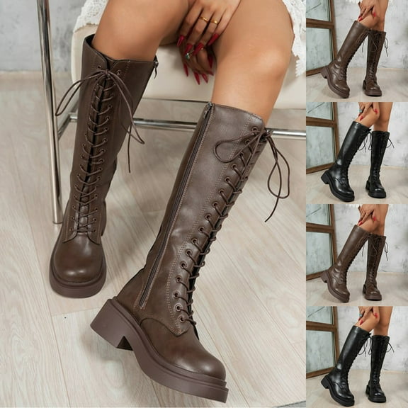 Hinvhai Womens Lace Up Knee High Boots Combat Chunky Low Heel Tall Boots Brown 9(42)