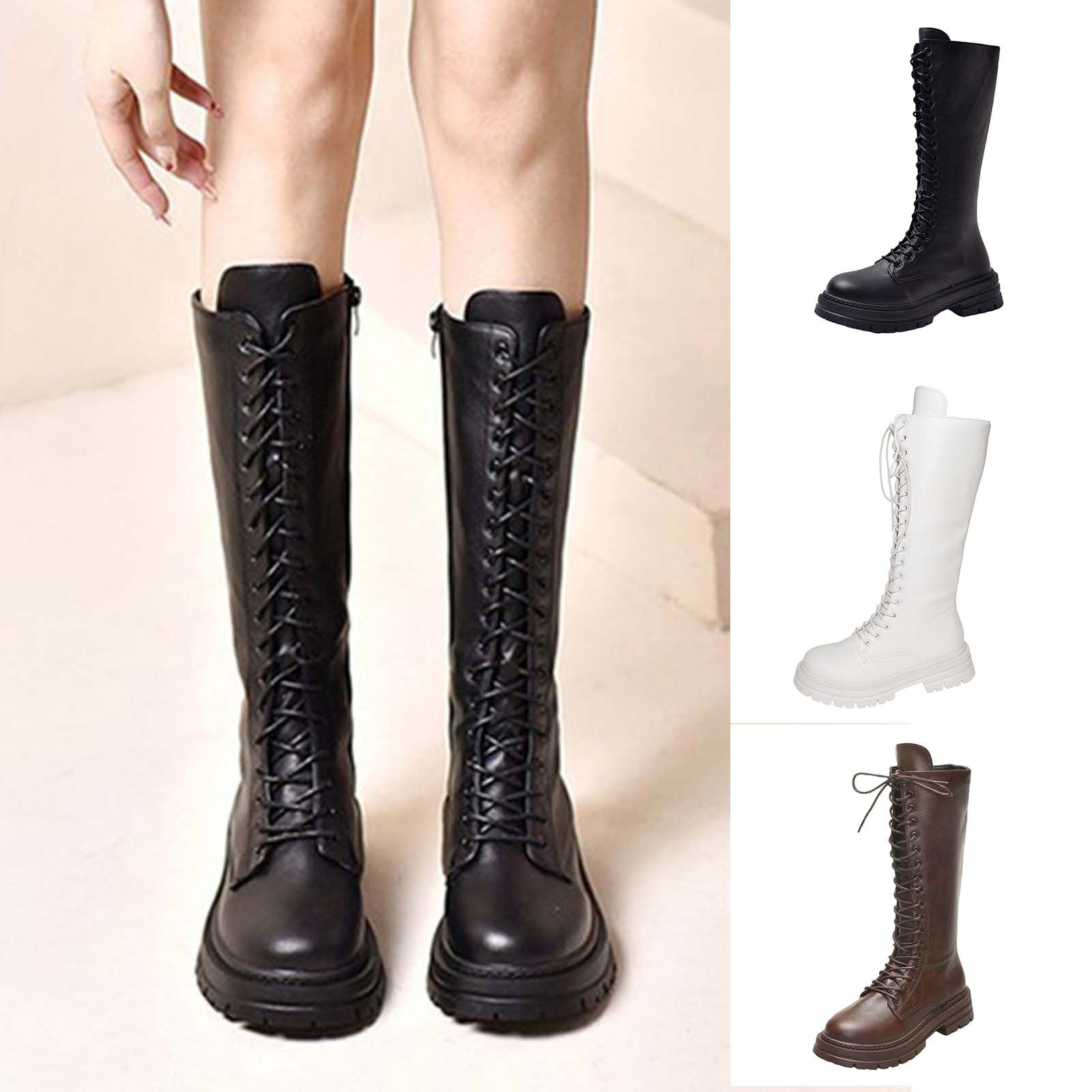 Hinvhai Womens Lace Up Knee High Boots Combat Chunky Low Heel Tall ...