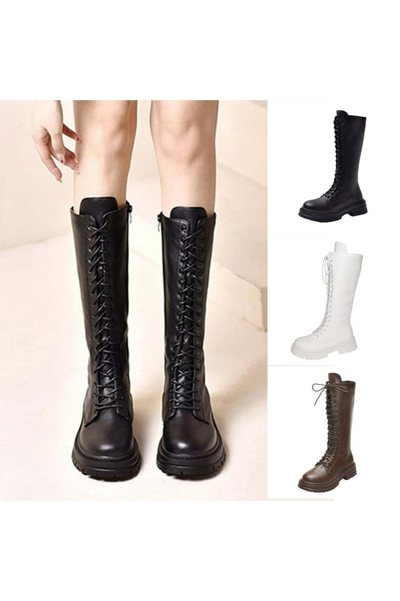 Womens Lace Up Knee High Boots Combat Chunky Low Heel Tall Boots White 9.5(43)