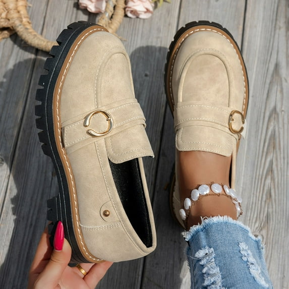 Hinvhai Womens Loafers Shoes Platform Chunky Penny Loafer Comfortable Slip On Work office Business Casual Dress Shoes Beige 6.5(38)