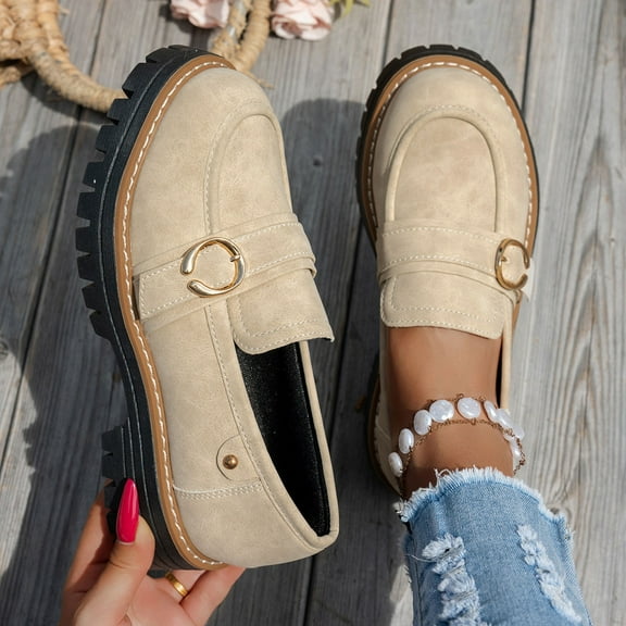 Hinvhai Womens Loafers Shoes Platform Chunky Penny Loafer Comfortable Slip On Work office Business Casual Dress Shoes Beige 7.5(40)