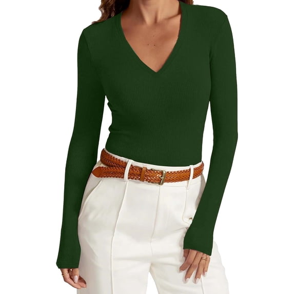 Hinvhai Womens Long Sleeve Shirts V Neck Casual Work Tops Fall Slim Fitted Basic Tee Army Green M(M)