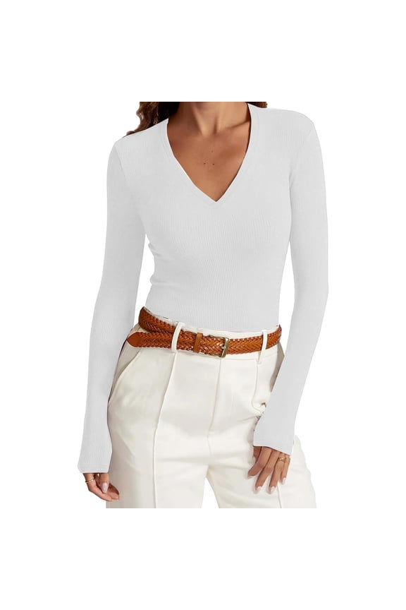 Womens Long Sleeve Shirts V Neck Casual Work Tops Fall Slim Fitted Basic Tee White L(L)