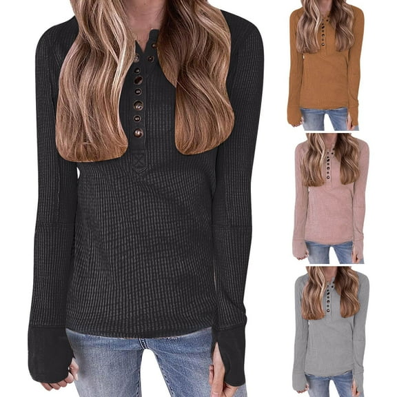 Hinvhai Womens Long Sleeves Ribbed Knit Tunic Shirts,Scoop Neck Button Down Solid Color Tops Casual Henley Tee Shirt Slim Fit Blouses Pink 10(XL)