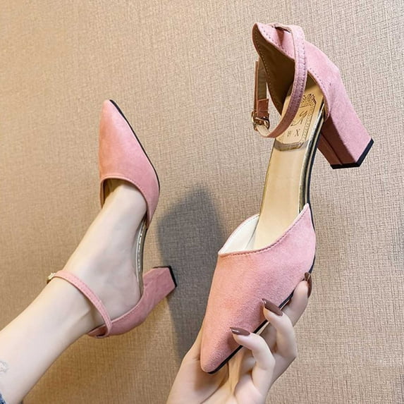 Hinvhai Womens Low Heels Closed Toe Dress Shoes ,Fashion Kitten Heel Pointed Toe Sexy Classic Comfortable Heeled Pumps Adjustable Ankle Strap Pink 7(39)