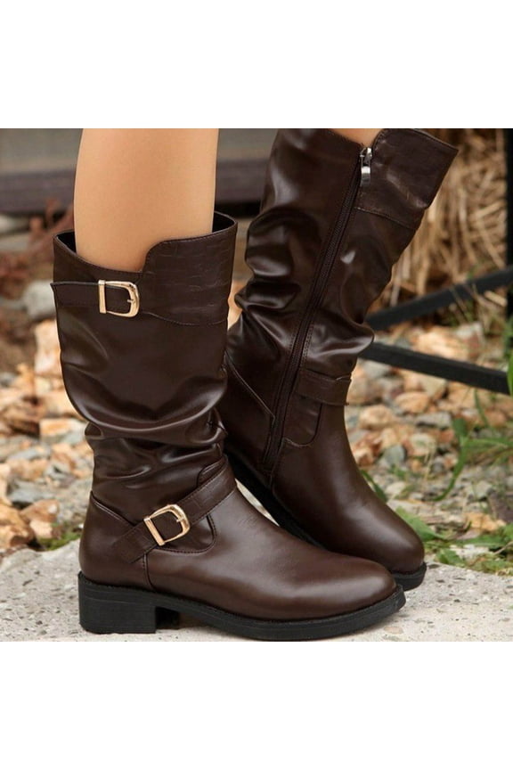 Womens Mid Calf Boots Winter Round Toe Flat Low Block Heel Buckle Strap Faux Leather Riding Booties Brown 6(37)
