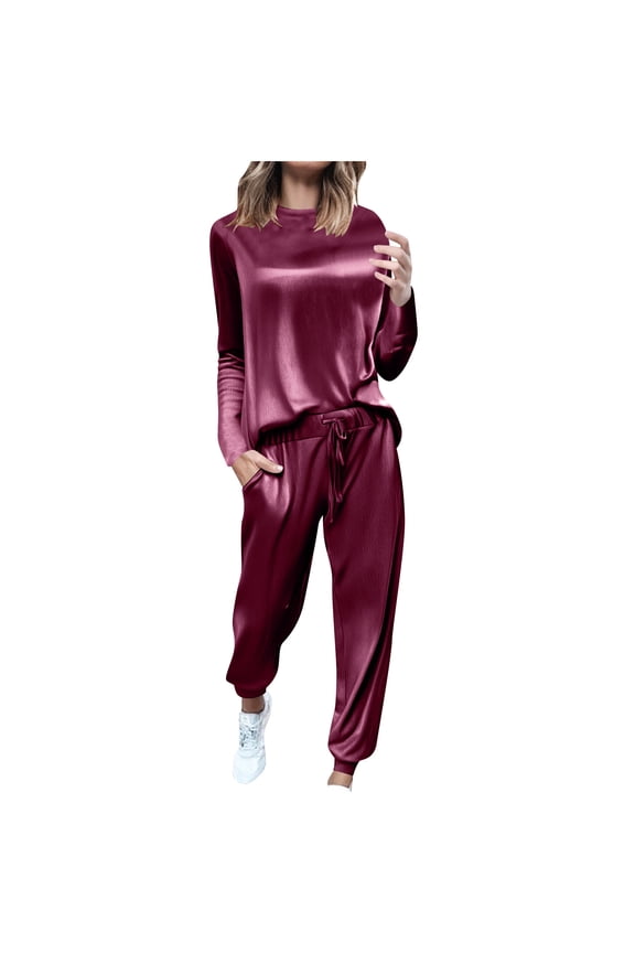 Womens Pajamas Sets Velvet Long Sleeve Jogger Pjs Soft Sleepwear 2 Piece Lounge Sets Casual Tracksuits Wine XXL(XXL)