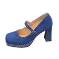 thumbnail image 1 of Hinvhai Womens Platform High Heels Chunky Block Heel Closed Toe Pumps Buckle Strap Wedding Dress Shoes Blue 7.5(40), 1 of 9