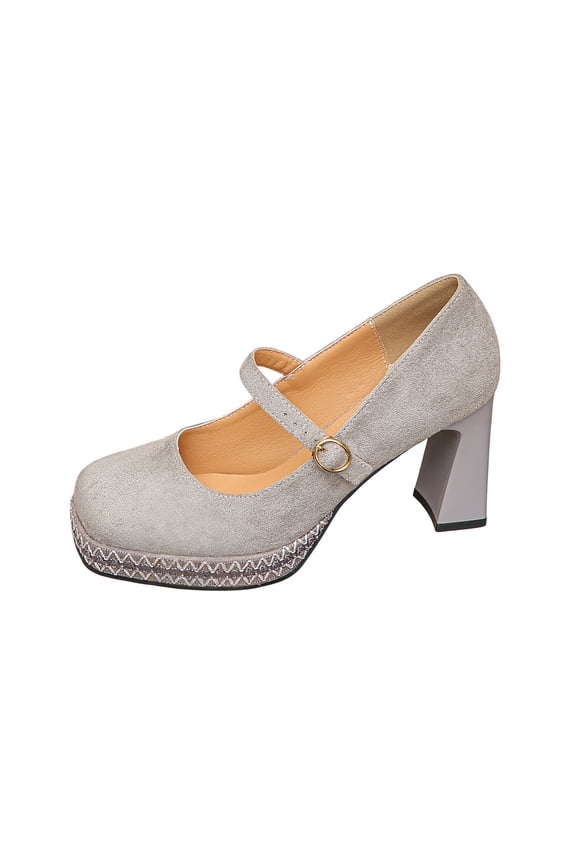 Womens Platform High Heels Chunky Block Heel Closed Toe Pumps Buckle Strap Wedding Dress Shoes Gray 6.5(38)