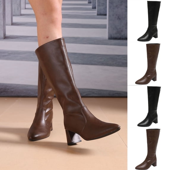 Hinvhai Womens Pointed Toe Knee High Winter Boots Block High Heel Back Zipper Pull on Tall Fashion Boots for Daily Commute, Party, Dating, Street Shopping Brown 9(42)