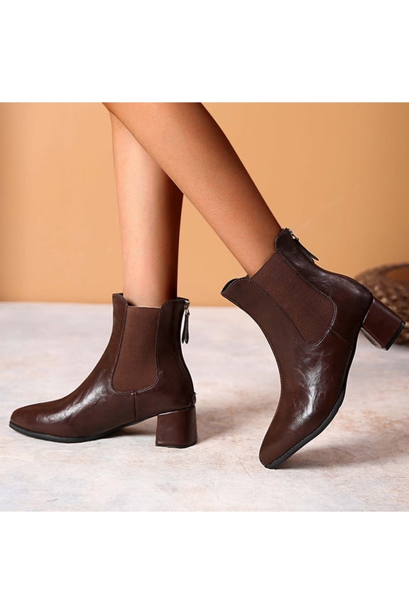 Womens Pointed Toe Low Block Heel Ankle Boots Retro Leather Slip On Comfy Chunky Heel Fall Short Booties for Casual Daily Work Party Brown 6(37)