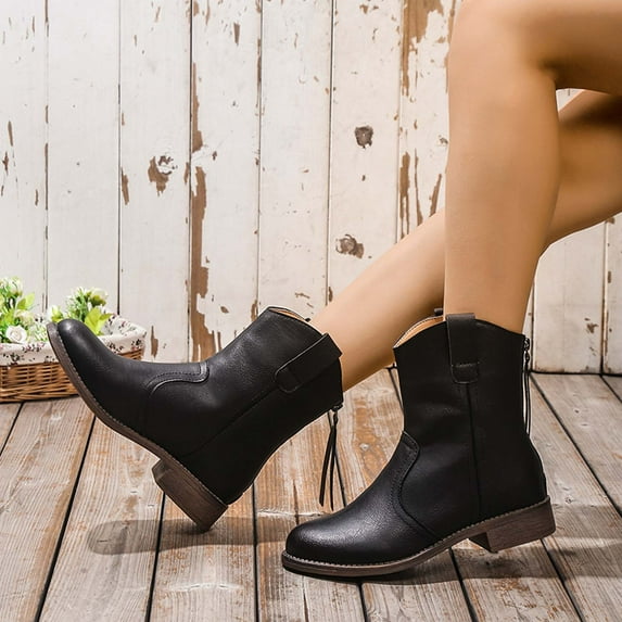 Hinvhai Womens Retro Solid Color Leather Boots ,Fall Winter Fashion Classic Chunky Heel High Heel Round Toe Short Booties Black 4.5(36)