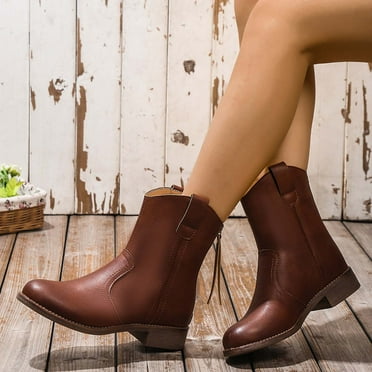 Hinvhai Womens Retro Solid Color Leather Boots Clearance,Fall Winter Fashion Classic Chunky Heel High Heel Round Toe Short Booties Brown 9.5(43)