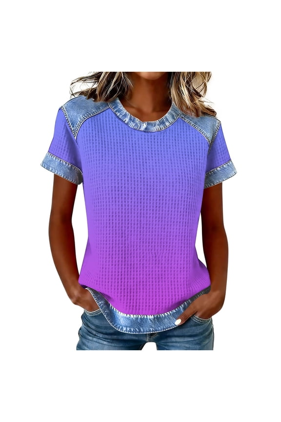 Womens Round Neck Fashionable Daily Gradient Printed Waffle Grid Spliced Casual Short Sleeved Tops Purple XXL(XXL)