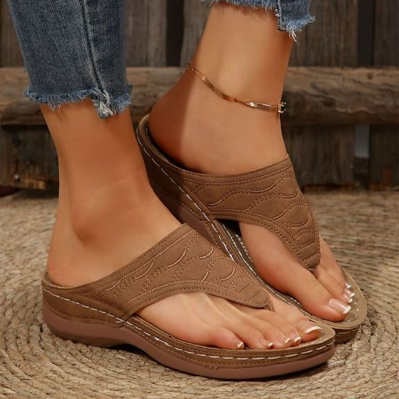 Hinvhai Womens Sandals Comfortable Wedge Slides Dressy Summer Thong Sandal Arch Support Flip Flop Casual Beach Shoe Brown 7(39)