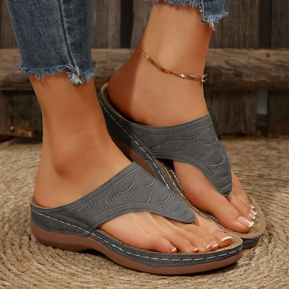 Hinvhai Womens Sandals Comfortable Wedge Slides Dressy Summer Thong Sandal Arch Support Flip Flop Casual Beach Shoe Gray 7.5(40)