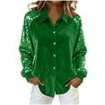thumbnail image 1 of Hinvhai Womens Sequins Long Sleeve Collared Shirt Button Down Open Front Shirt Loose Blouses Velvet Solid Shirts Tops Green S(S), 1 of 6