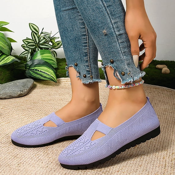 Hinvhai Womens Shoes Sneakers Comfortable Casual Flat Shoes Summer Breathable Slip On Sneakers Walking Soft Sole Canvas Purple 6(37)