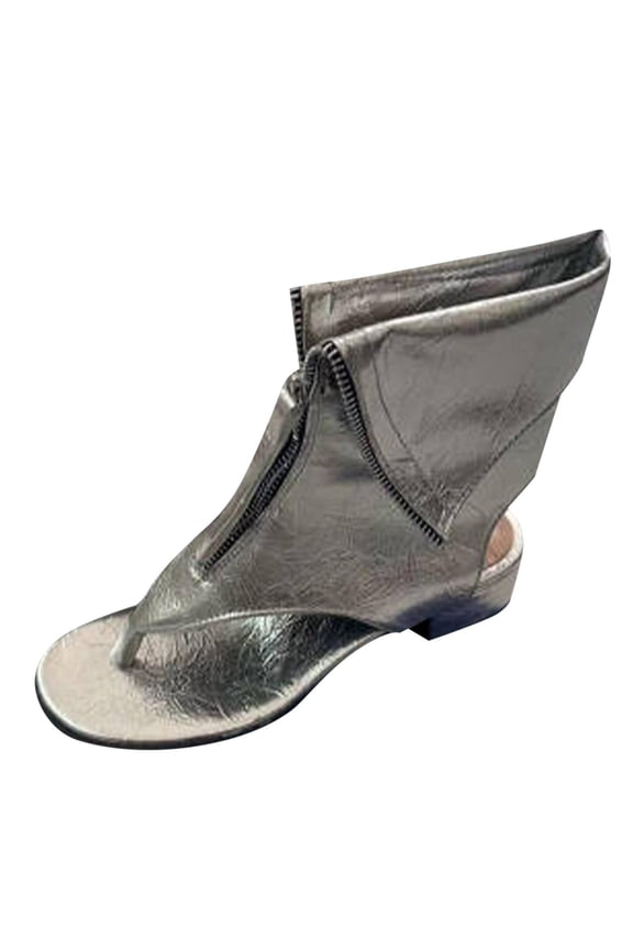 Womens Slingback Mid Heeled Square Peep Toe Chunky Block Heel Trendy Comforty Leather Sandals with Front Zipper Silver 7(39)