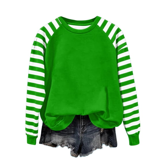Hinvhai Womens Striped Sweatshirt Long Sleeve Crew Neck Color Block Casual Pullover Green L(L)