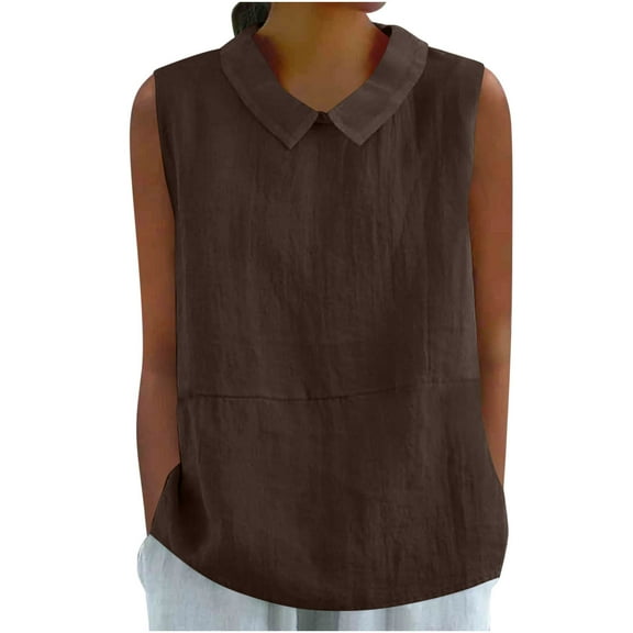 Hinvhai Womens Summer Sleeveless Shirt Fashion Cotton Linen Collared Blouse Casual Tank Tops Casual Shirts Brown S(S)