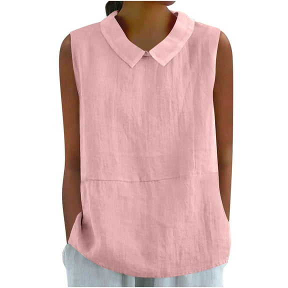 Hinvhai Womens Summer Sleeveless Shirt Fashion Cotton Linen Collared Blouse Casual Tank Tops Casual Shirts Pink S(S)
