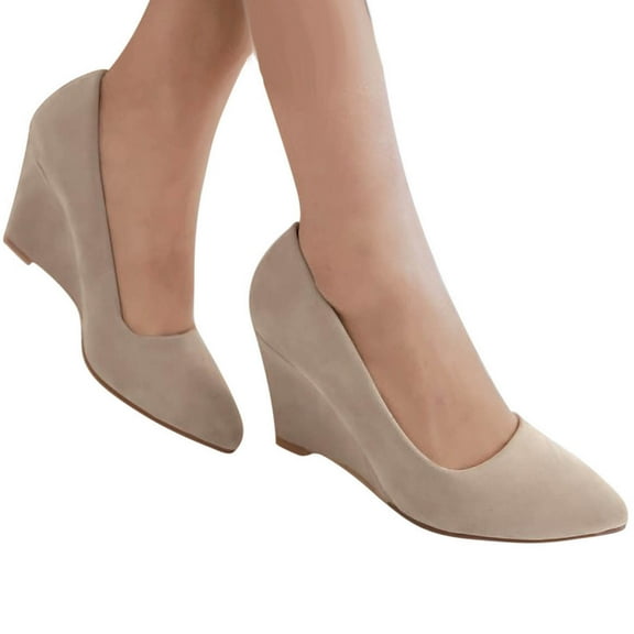 Hinvhai Womens Wedge Pumps Shoes Clearance,Fashion Classic Round Closed Toe Non Slip Low Block Chunky Heel Suede Dress Shoes Beige 7.5(40)