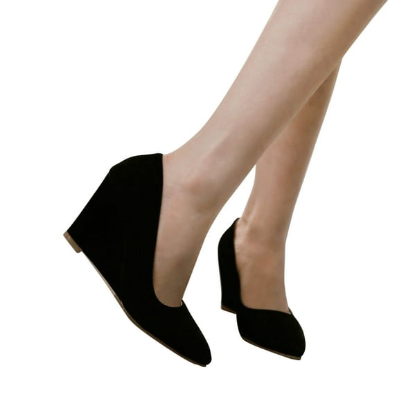 Hinvhai Womens Wedge Pumps Shoes Clearance,Fashion Classic Round Closed Toe Non Slip Low Block Chunky Heel Suede Dress Shoes Black 6.5(38)