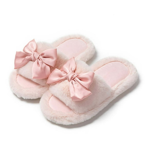 Hinvhai Womens Winter Casual Slippers ,Fashion Classic Open Toe Fleece Cute Bow Slippers Non Slip Fluffy Warm Solid Color Slipper Christmas Indoor Slipper House Shoes Pink 38