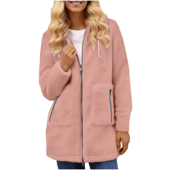 Hinvhai Womens Zip Up Fleece Jacket with Pockets Oversized Long Sherpa Hoodie Fuzzy Jackets Warm Coat Pink XXL(XXL)
