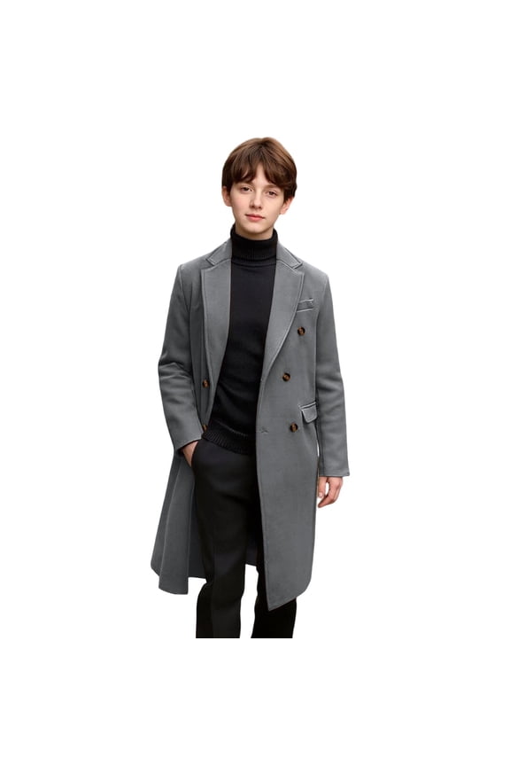 Wool Pea Coats for Boy Winter Slim Fit Casual Single Breasted Trench Coat Mid-Length thermal Peacoat Gray 11 Years