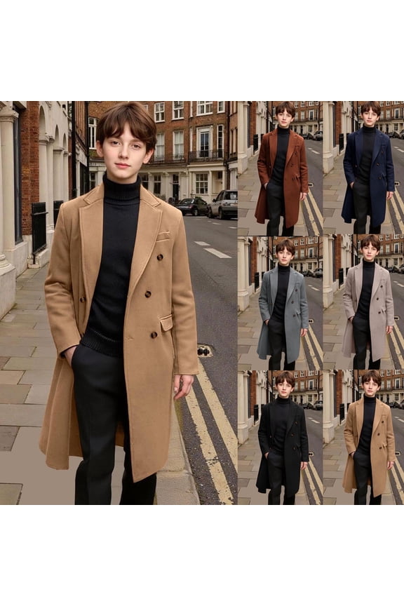 Wool Pea Coats for Boy Winter Slim Fit Casual Single Breasted Trench Coat Mid-Length thermal Peacoat Navy 13 Years