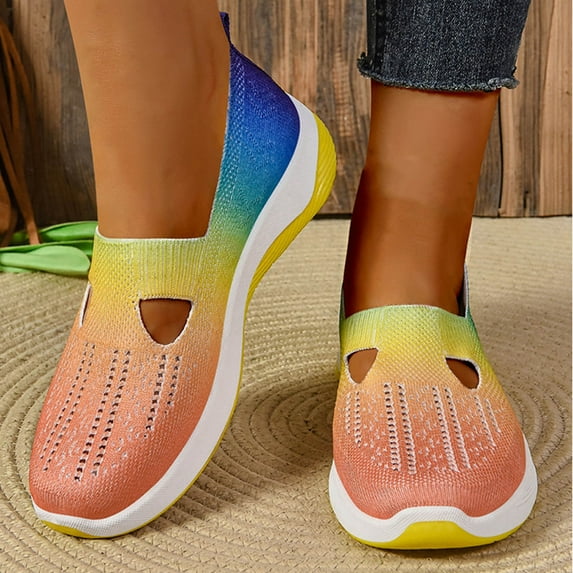 Hinvhai Woven Breathable Soft Flat Shoes for Women,Clearance Fashion Casual Mesh Non Slip Women's Gradient Color Large Size Woven Breathable Soft Shoes Blue 6.5(38)