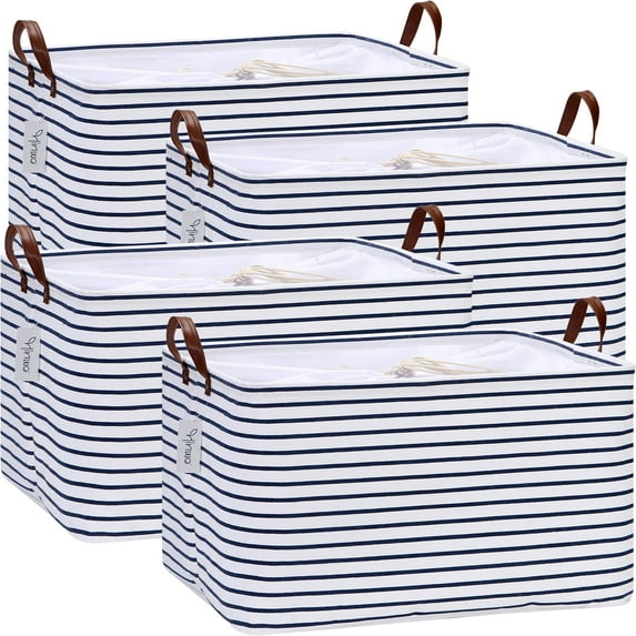 Hinwo 18.6 Gal./74.4 Qt./70.2 L Canvas Storage Bins, Rectangle Storage Baskets, Storage Cubes with Totes, Drawstring Closure, 22 x 15 x 13 Inches, 4-Pack, Navy Blue Stripe
