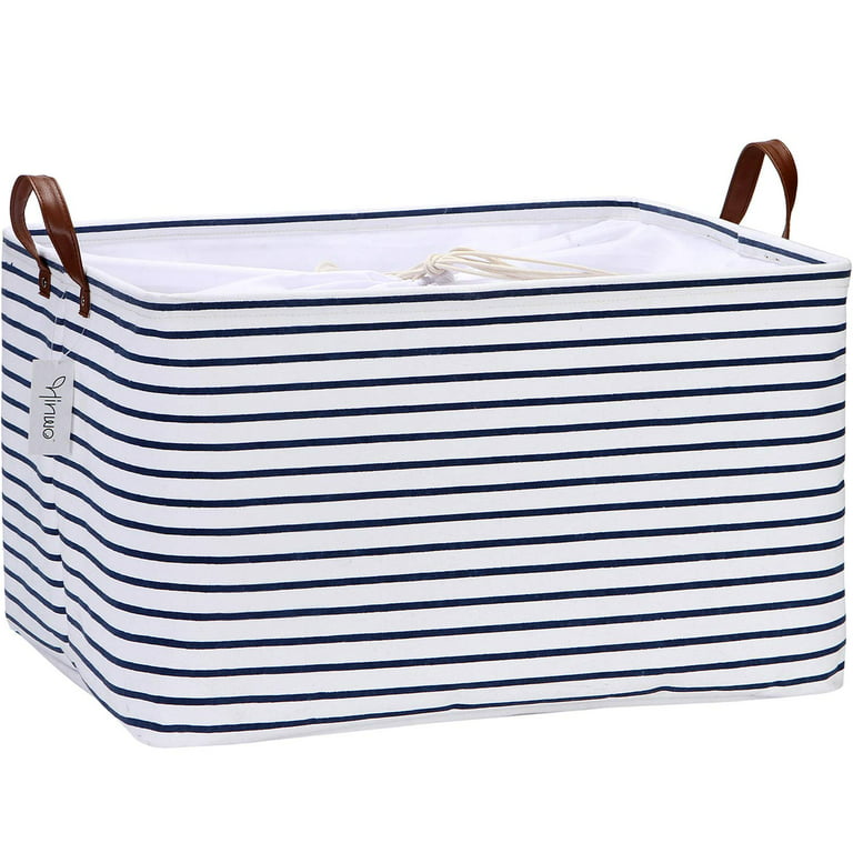 Hinwo 18.6 Gal./74.4 Qt./70.2 L Canvas Storage Bins, Rectangle Storage  Baskets, Storage Cubes with Totes, Drawstring Closure, 22 x 15 x 13 Inches,  Navy Blue Stripe 
