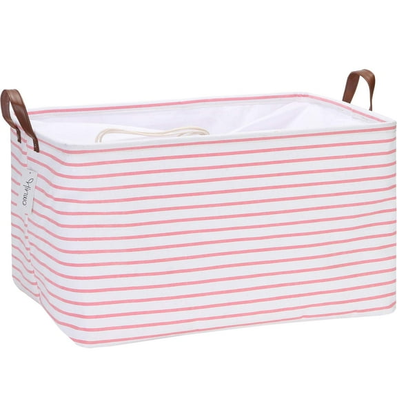 Hinwo 18.6 Gal./74.4 Qt./70.2 L Canvas Storage Bins, Rectangle Storage Baskets, Storage Cubes with Totes, Drawstring Closure, 22 x 15 x 13 Inches, Pink Stripe