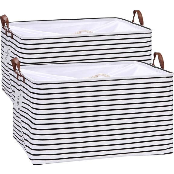 Hinwo 18.6 Gal./74.4 Qt./70.2 L Canvas Storage Bins, Rectangle Storage Baskets, Storage Cubes with Totes, Drawstring Closure, 22 x 15 x 13 Inches, 2-Pack, Black Stripe