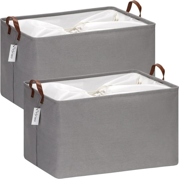 Hinwo 18.6 Gal./74.4 Qt./70.2 L Canvas Storage Bins, Rectangle Storage Baskets, Storage Cubes with Totes, Drawstring Closure, 22 x 15 x 13 Inches, 2-Pack, Grey