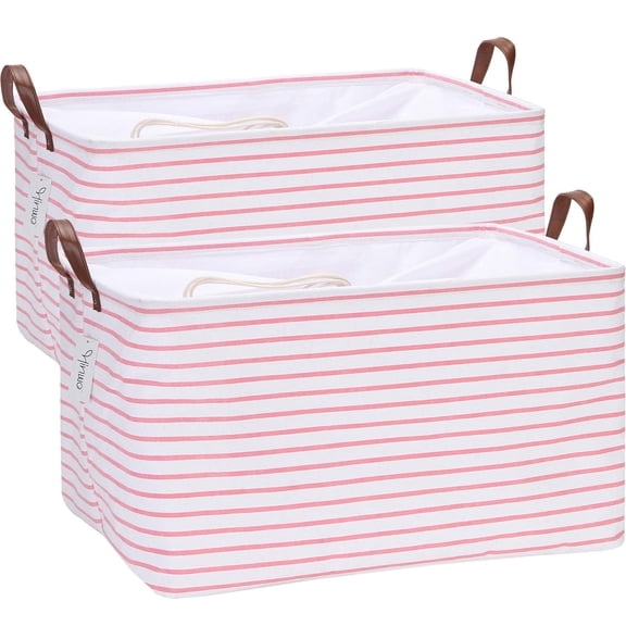 Hinwo 18.6 Gal./74.4 Qt./70.2 L Canvas Storage Bins, Rectangle Storage Baskets, Storage Cubes with Totes, Drawstring Closure, 22 x 15 x 13 Inches, 2-Pack, Pink Stripe