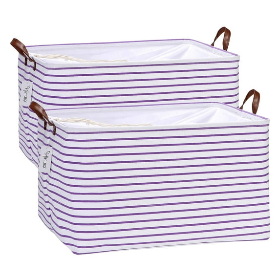Hinwo 18.6 Gal./74.4 Qt./70.2 L Canvas Storage Bins, Rectangle Storage Baskets, Storage Cubes with Totes, Drawstring Closure, 22 x 15 x 13 Inches, 2-Pack, Purple Stripe