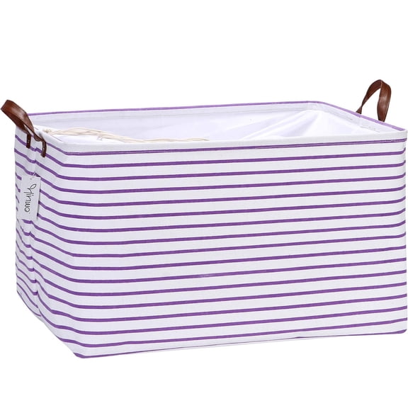 Hinwo 18.6 Gal./74.4 Qt./70.2 L Canvas Storage Bins, Rectangle Storage Baskets, Storage Cubes with Totes, Drawstring Closure, 22 x 15 x 13 Inches, Purple Stripe