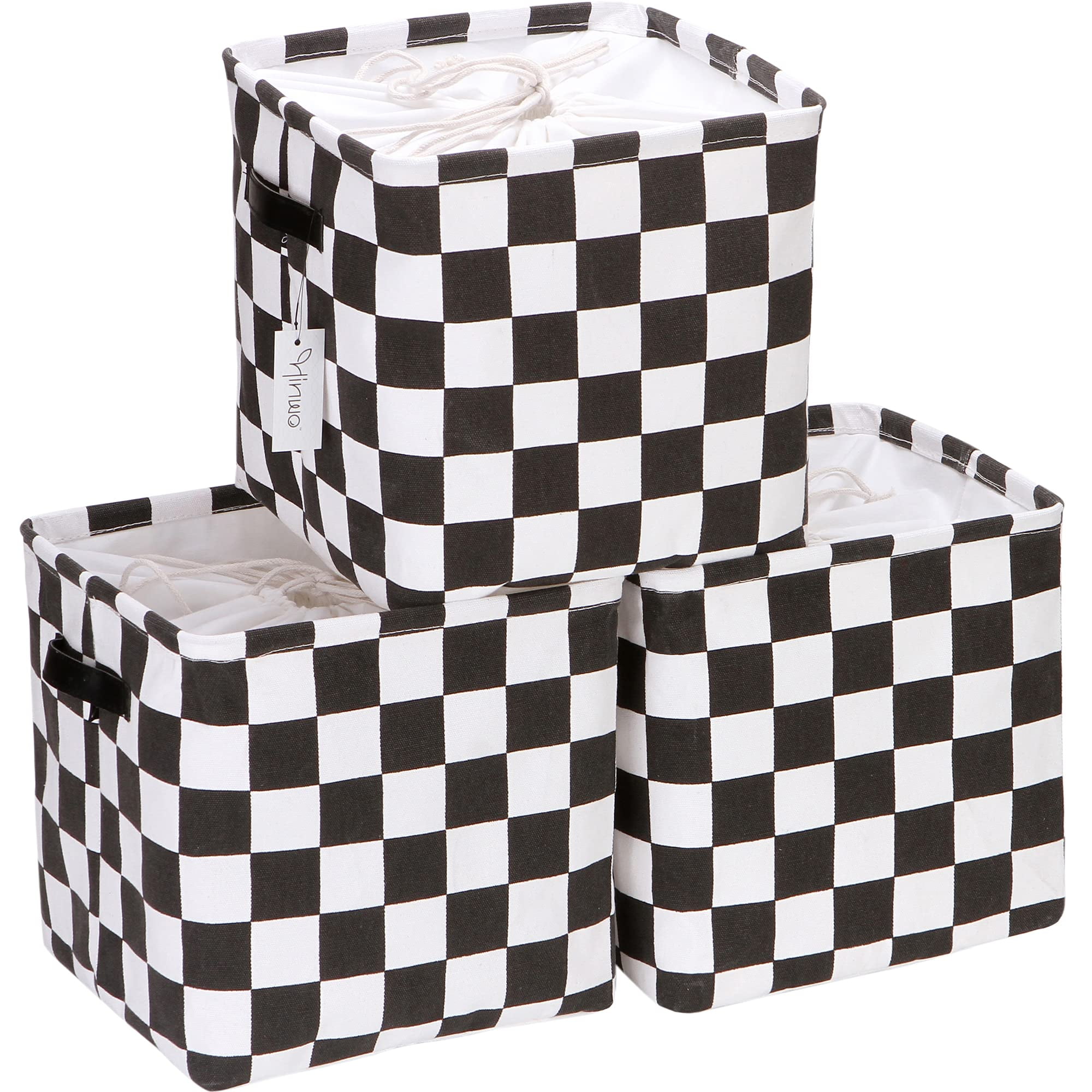 Hinwo 3-Pack Square Organizer Shelf Bins, Canvas Fabric Storage Baskets with Handles & Drawstring Cover, 22L Collapsible Storage Boxes, 11 x 11 x 11 Inches, Black Checkerboard