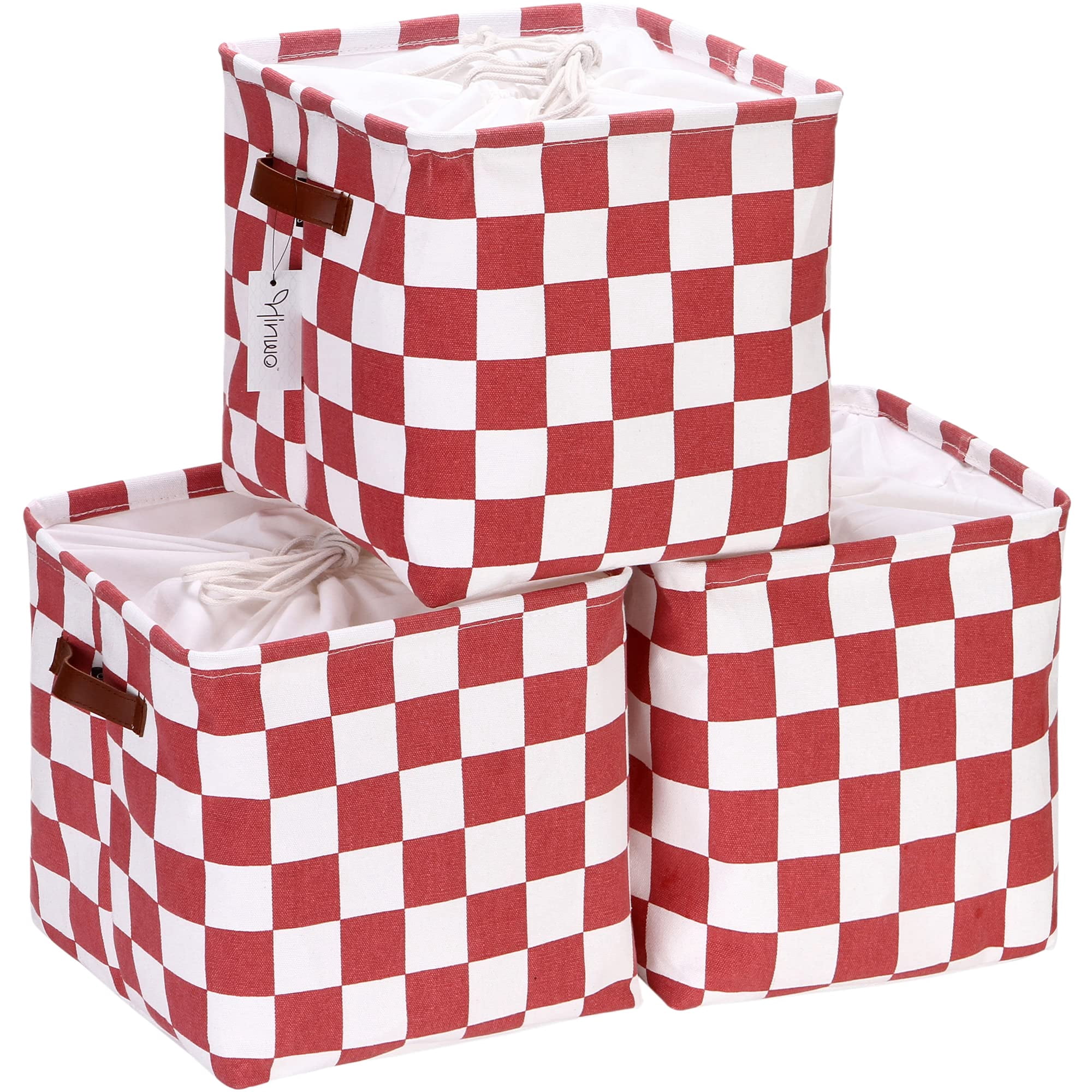 Hinwo 3-Pack Square Organizer Shelf Bins, Canvas Fabric Storage Baskets with Handles & Drawstring Cover, 22L Collapsible Storage Boxes, 11 x 11 x 11 Inches, Coral Red Checkerboard