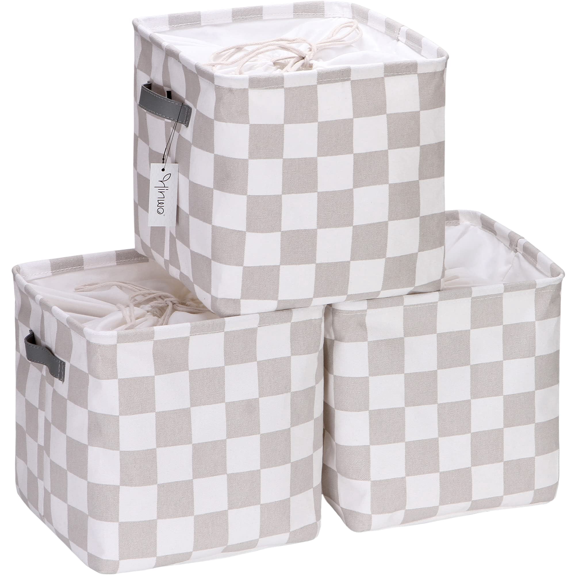 Hinwo 3-Pack Square Organizer Shelf Bins, Canvas Fabric Storage Baskets with Handles & Drawstring Cover, 22L Collapsible Storage Boxes, 11 x 11 x 11 Inches, Grey Checkerboard
