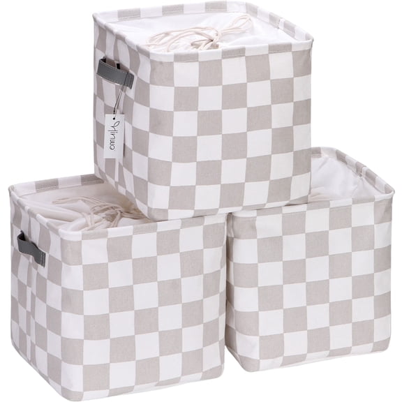 Hinwo 3-Pack Square Organizer Shelf Bins, Canvas Fabric Storage Baskets with Handles & Drawstring Cover, 22L Collapsible Storage Boxes, 11 x 11 x 11 Inches, Grey Checkerboard