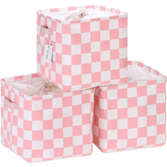 Hinwo 3-Pack Square Organizer Shelf Bins, Canvas Fabric Storage Baskets with Handles & Drawstring Cover, 22L Collapsible Storage Boxes, 11 x 11 x 11 Inches, Pink Checkerboard