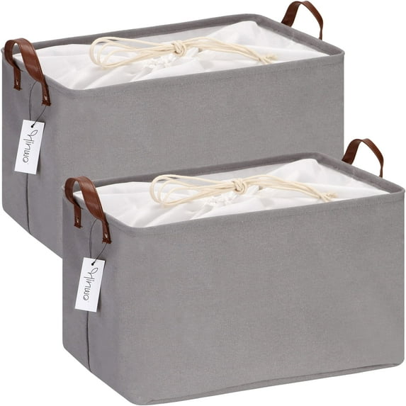 Hinwo 8.3 Gal./33.2 Qt./31.5 L Canvas Storage Bins, Rectangle Storage Baskets, Storage Cubes with Totes, Drawstring Closure, 16.5 x 11.8 x 9.8 Inches, 2-Pack, Grey